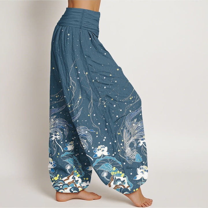 Buddha Stones Pantalones harem de mujer con cintura elástica, estampado de cielo estrellado, peces koi, loto y olas, de algodón. - image 9