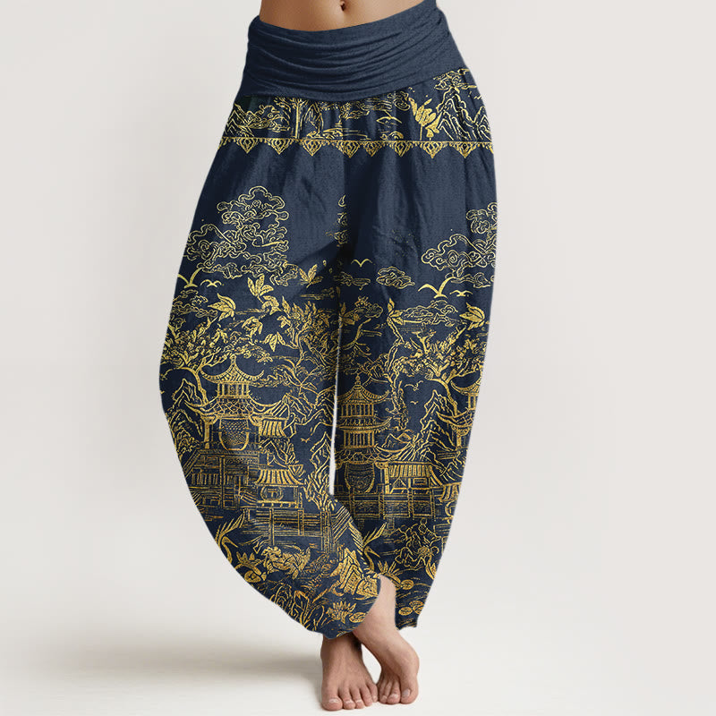 Buddha Stones Pantalones harem de mujer con cintura elástica, estampado de arquitectura clásica, paisaje, animales y nubes auspiciosas, de algodón. - Azul acero - US16，UK/AU20，EU48 (3XL) - image 5