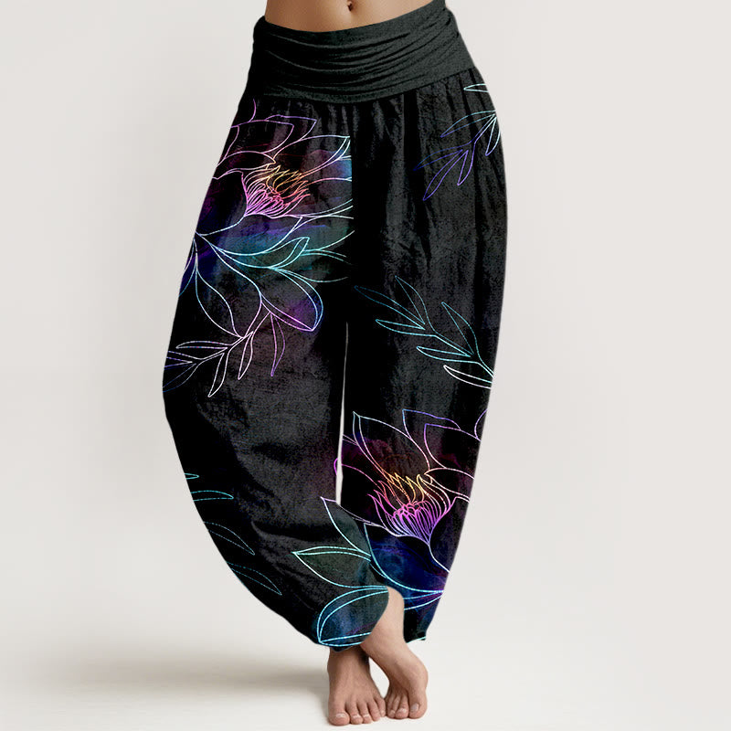 Buddha Stones Pantalones harem de algodón con estampado de ramas de loto neón para mujer con cintura elástica. - Negro - US16，UK/AU20，EU48 (3XL) - image 0