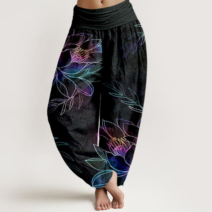 Buddha Stones Pantalones harem de algodón con estampado de ramas de loto neón para mujer con cintura elástica. - Negro - US16，UK/AU20，EU48 (3XL) - image 0