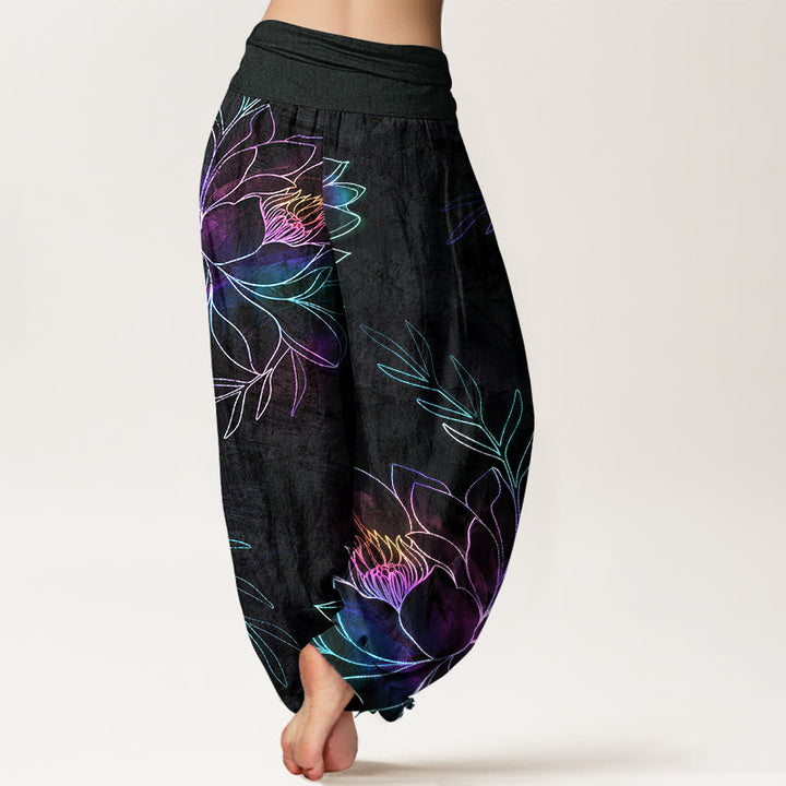 Buddha Stones Pantalones harem de algodón con estampado de ramas de loto neón para mujer con cintura elástica. - image 2