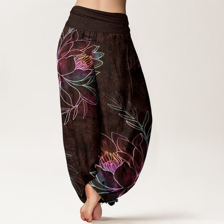 Buddha Stones Pantalones harem de algodón con estampado de ramas de loto neón para mujer con cintura elástica. - image 7