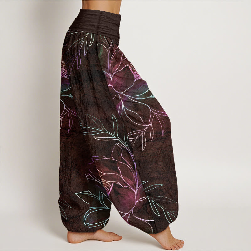 Buddha Stones Pantalones harem de algodón con estampado de ramas de loto neón para mujer con cintura elástica. - image 6