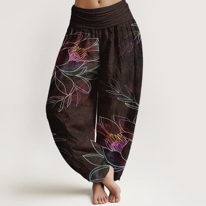 Buddha Stones Pantalones harem de algodón con estampado de ramas de loto neón para mujer con cintura elástica. - Marrón silla de montar - US16，UK/AU20，EU48 (3XL) - image 5