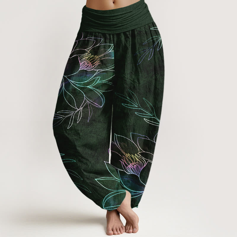 Buddha Stones Pantalones harem de algodón con estampado de ramas de loto neón para mujer con cintura elástica. - Verde oscuro - US16，UK/AU20，EU48 (3XL) - image 8