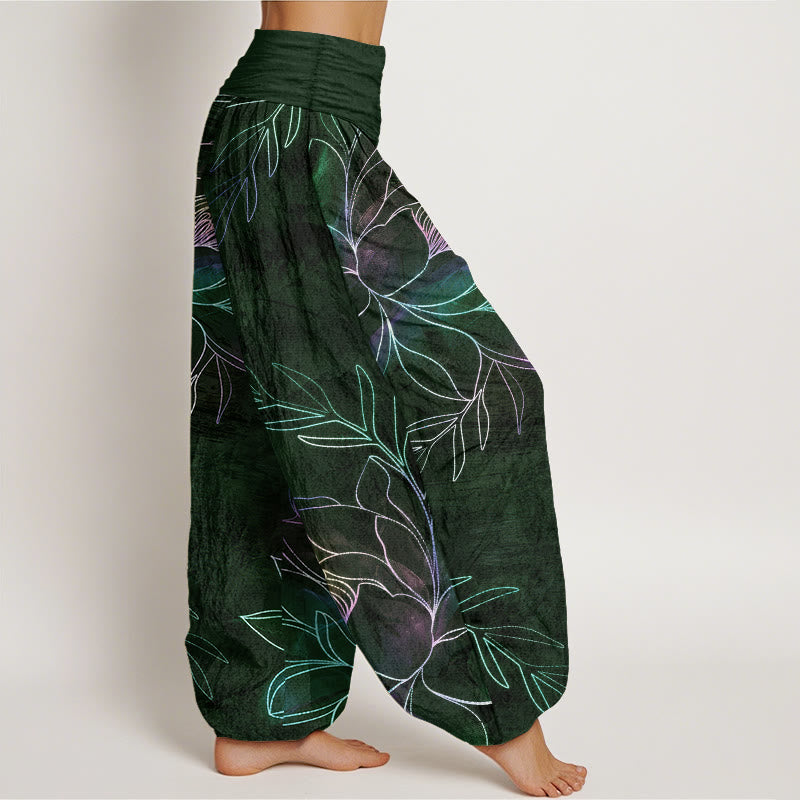 Buddha Stones Pantalones harem de algodón con estampado de ramas de loto neón para mujer con cintura elástica. - image 9