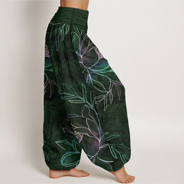 Buddha Stones Pantalones harem de algodón con estampado de ramas de loto neón para mujer con cintura elástica. - image 9