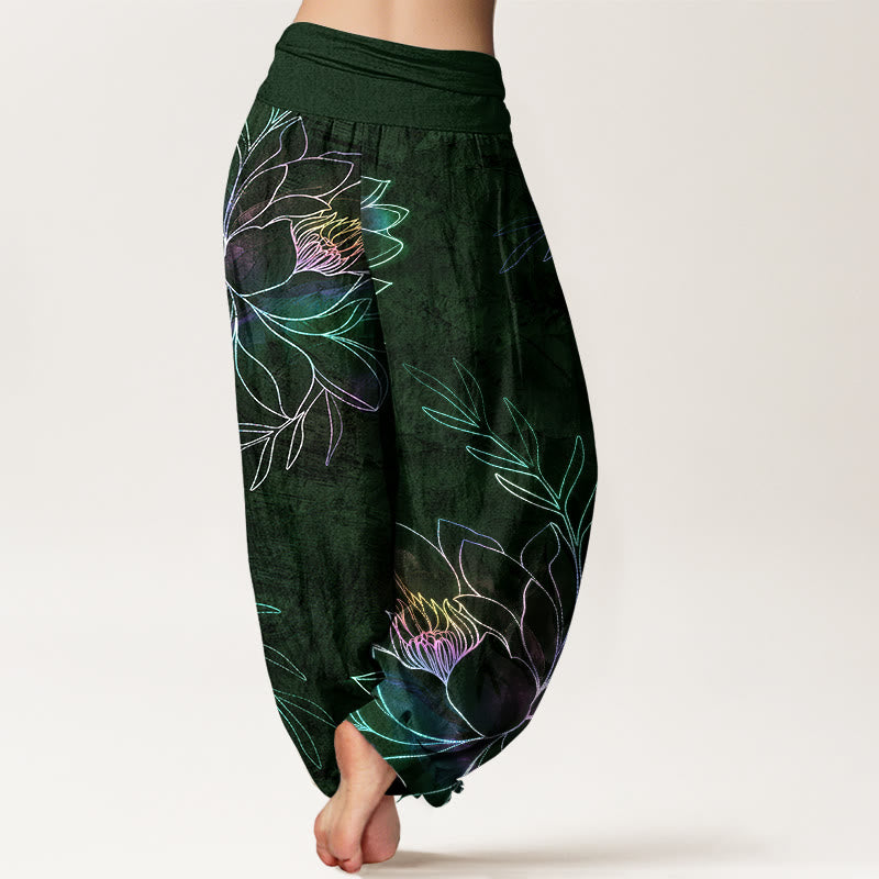 Buddha Stones Pantalones harem de algodón con estampado de ramas de loto neón para mujer con cintura elástica. - image 10
