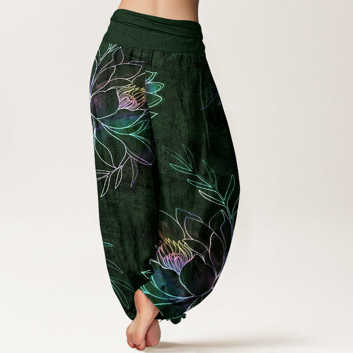 Buddha Stones Pantalones harem de algodón con estampado de ramas de loto neón para mujer con cintura elástica. - image 10
