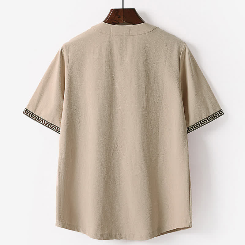 Buddha Stones Camiseta de manga corta con cuello de muesca y bordados para hombre, de algodón y lino, ideal para el verano. - image 5