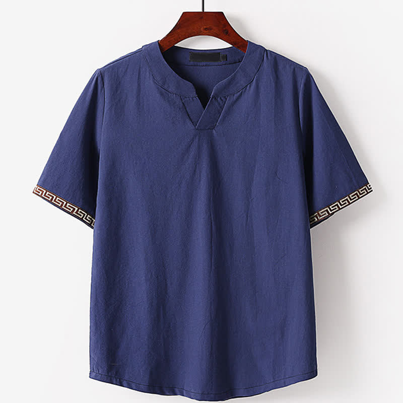 Buddha Stones Camiseta de manga corta con cuello de muesca y bordados para hombre, de algodón y lino, ideal para el verano. - Azul pizarra oscuro - US./ UK/ 56, UE 66 (9XL) - image 0