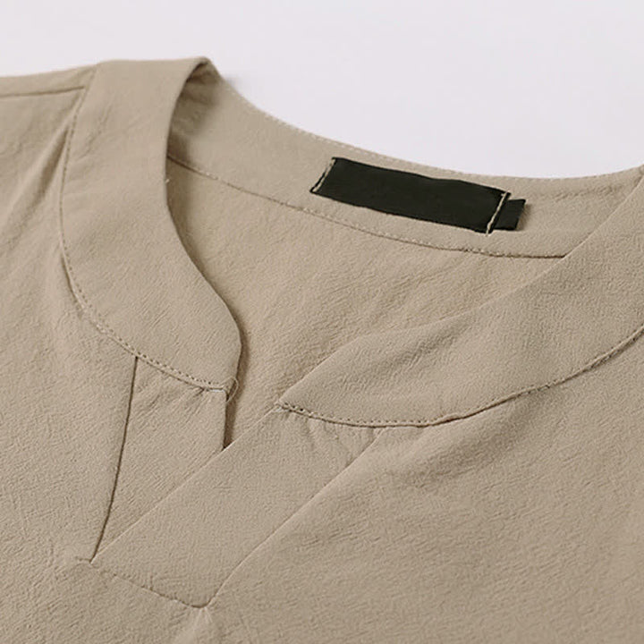 Buddha Stones Camiseta de manga corta con cuello de muesca y bordados para hombre, de algodón y lino, ideal para el verano. - image 6