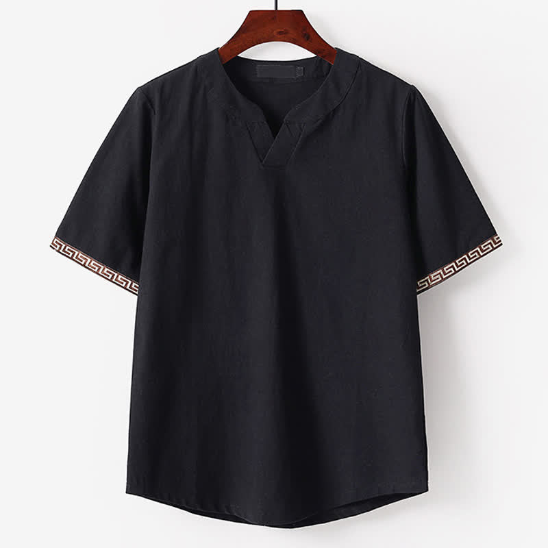 Buddha Stones Camiseta de manga corta con cuello de muesca y bordados para hombre, de algodón y lino, ideal para el verano. - Negro - US./ UK/ 56, UE 66 (9XL) - image 3