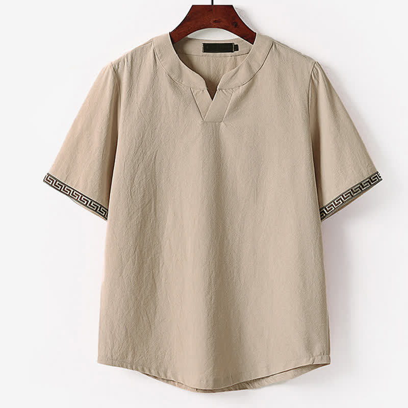 Buddha Stones Camiseta de manga corta con cuello de muesca y bordados para hombre, de algodón y lino, ideal para el verano. - Broncearse - US./ UK/ 56, UE 66 (9XL) - image 4