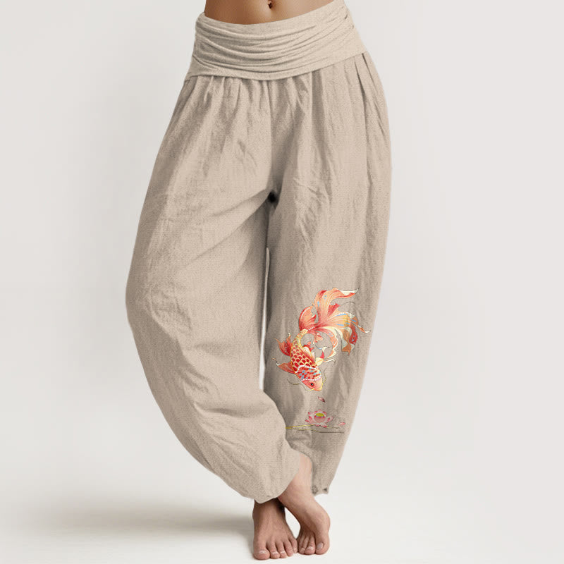 Buddha Stones Pantalones harem de cintura elástica para mujer con estampado de peces koi y loto de Cotton Luck - Broncearse - US16，UK/AU20，EU48 (3XL) - image 11