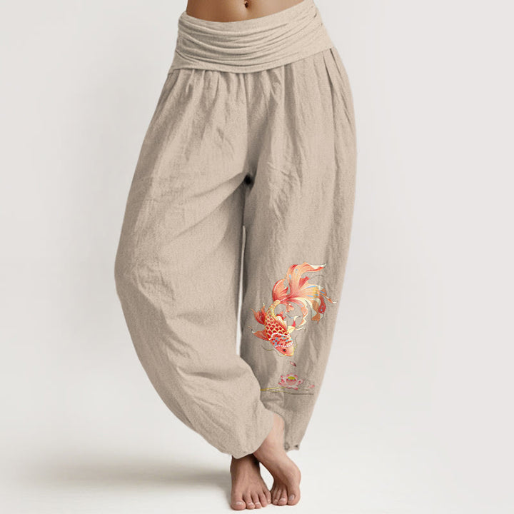Buddha Stones Pantalones harem de cintura elástica para mujer con estampado de peces koi y loto de Cotton Luck - Broncearse - US16，UK/AU20，EU48 (3XL) - image 11