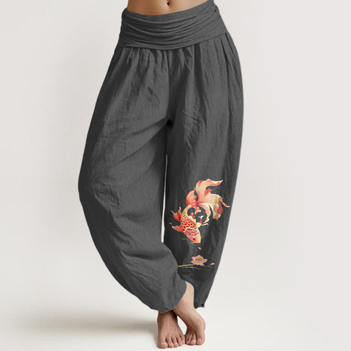 Buddha Stones Pantalones harem de cintura elástica para mujer con estampado de peces koi y loto de Cotton Luck - Gris oscuro - US16，UK/AU20，EU48 (3XL) - image 8