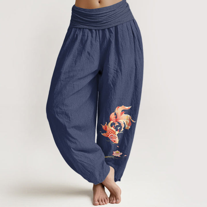 Buddha Stones Pantalones harem de cintura elástica para mujer con estampado de peces koi y loto de Cotton Luck - Azul pizarra oscuro - US16，UK/AU20，EU48 (3XL) - image 5