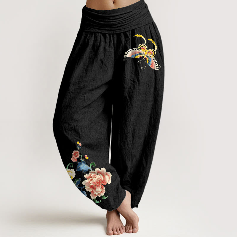 Buddha Stones Pantalones harem de algodón con estampado de mariposas y flores de peonía para mujer con cintura elástica. - Negro - US16，UK/AU20，EU48 (3XL) - image 5