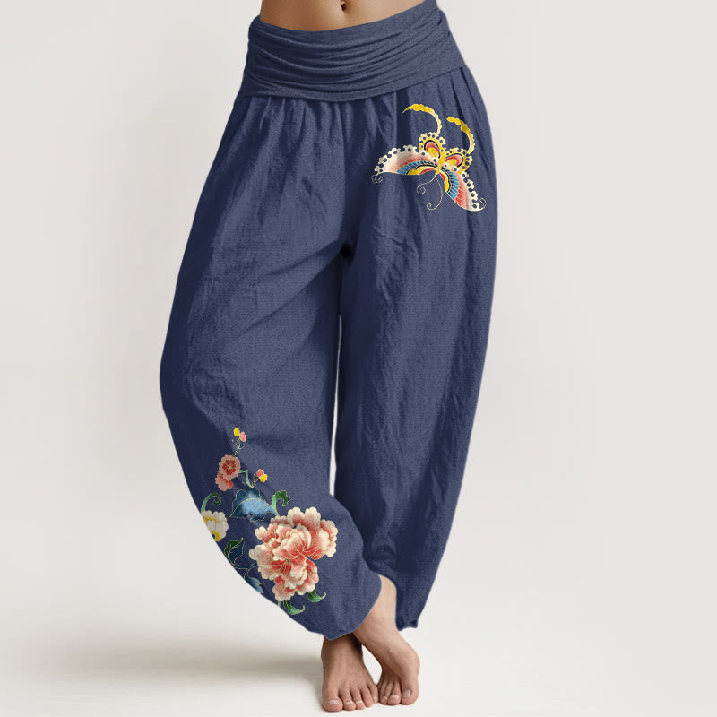 Buddha Stones Pantalones harem de algodón con estampado de mariposas y flores de peonía para mujer con cintura elástica. - Azul pizarra oscuro - US16，UK/AU20，EU48 (3XL) - image 8