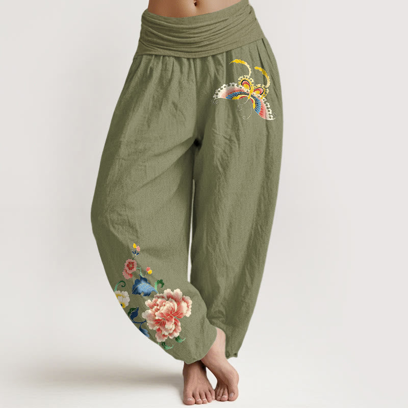 Pantalones harem de mujer con cintura elástica, estampado de Buddha Stones, algodón y diseño auspicioso. - Verde oliva - US16，UK/AU20，EU48 (3XL) - image 0