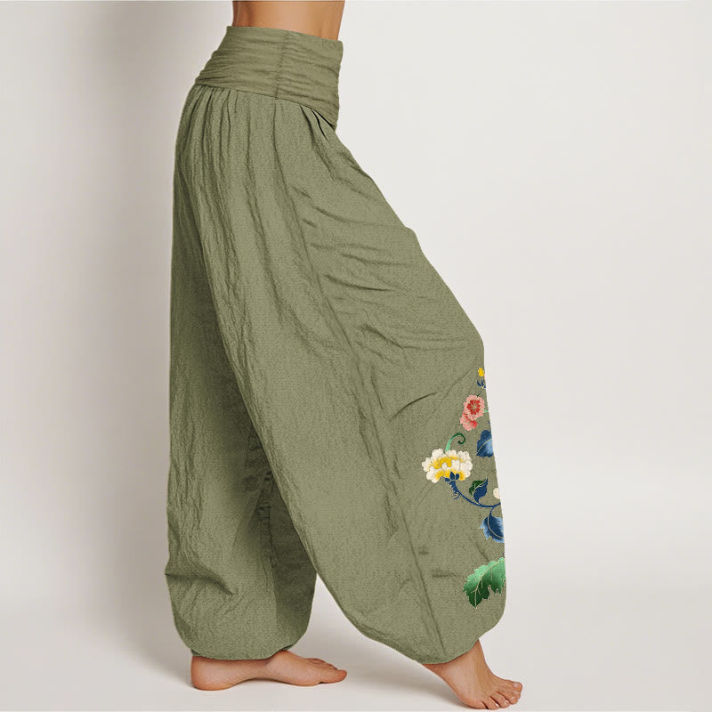 Pantalones harem de mujer con cintura elástica, estampado de Buddha Stones, algodón y diseño auspicioso. - image 1