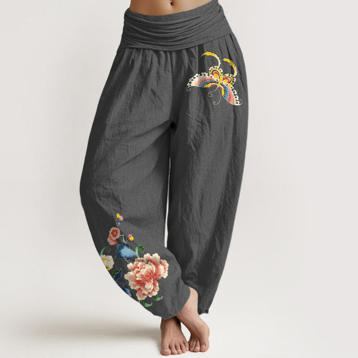 Buddha Stones Pantalones harem de algodón con estampado de mariposas y flores de peonía para mujer con cintura elástica. - Gris oscuro - US16，UK/AU20，EU48 (3XL) - image 11