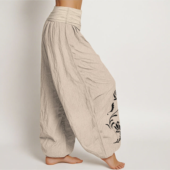 Buddha Stones Pantalones harem de mujer con cintura elástica y estampado de pétalos de loto de algodón. - image 12