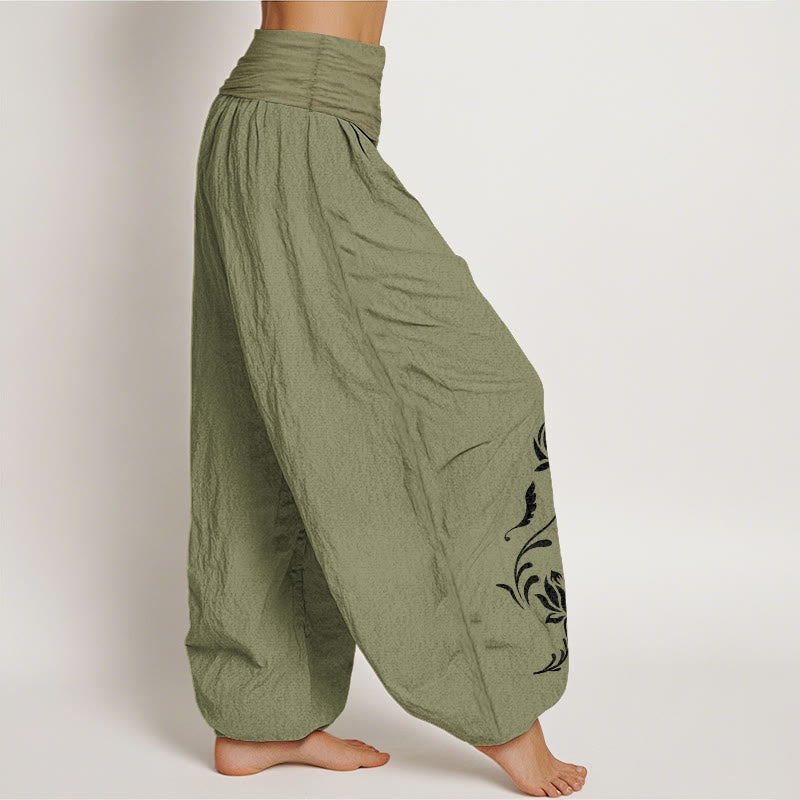 Buddha Stones Pantalones harem de mujer con cintura elástica y estampado de pétalos de loto de algodón. - image 15