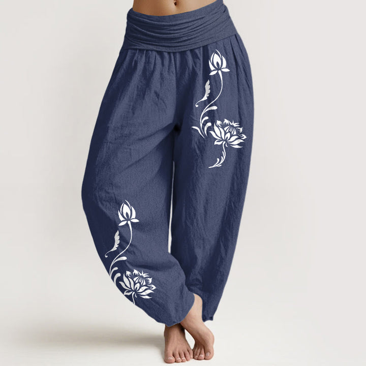 Buddha Stones Pantalones harem de mujer con cintura elástica y estampado de pétalos de loto de algodón. - Azul pizarra oscuro - US16，UK/AU20，EU48 (3XL) - image 0