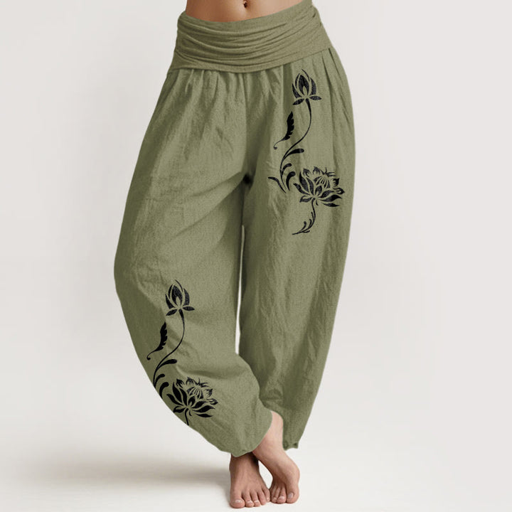 Buddha Stones Pantalones harem de mujer con cintura elástica y estampado de pétalos de loto de algodón. - Verde oliva - US16，UK/AU20，EU48 (3XL) - image 14
