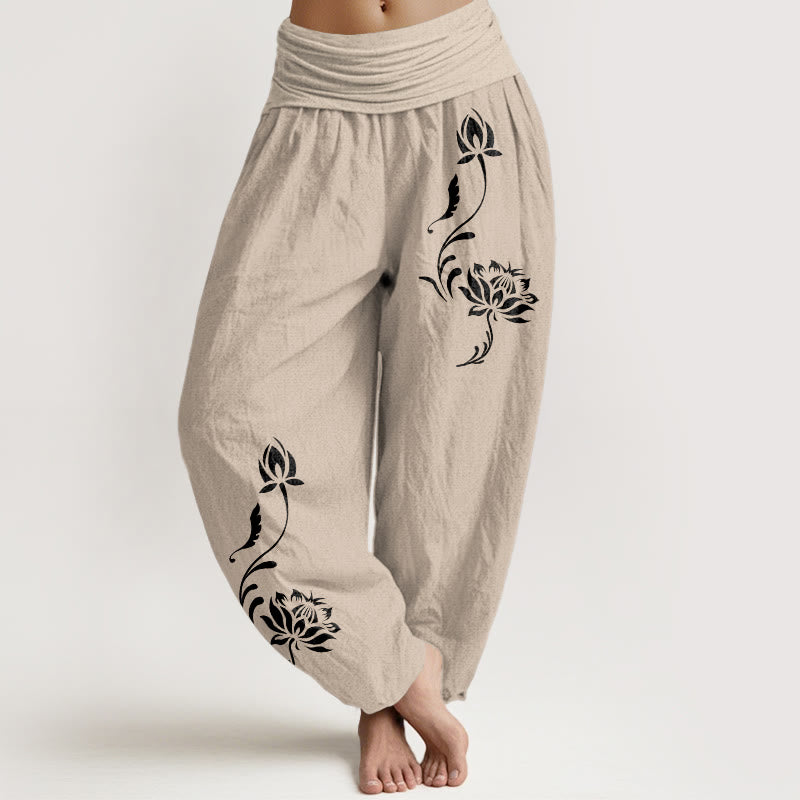 Buddha Stones Pantalones harem de mujer con cintura elástica y estampado de pétalos de loto de algodón. - Broncearse - US16，UK/AU20，EU48 (3XL) - image 11