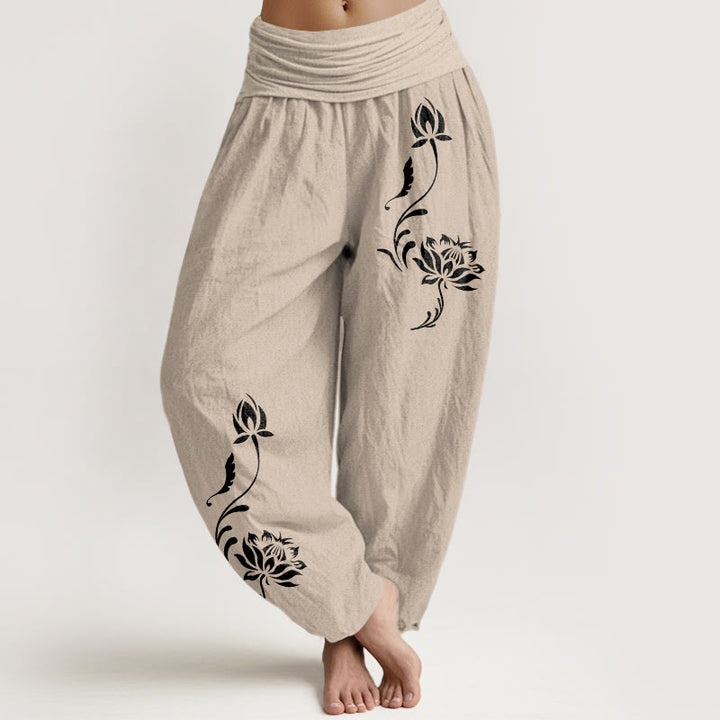Buddha Stones Pantalones harem de mujer con cintura elástica y estampado de pétalos de loto de algodón. - Broncearse - US16，UK/AU20，EU48 (3XL) - image 11