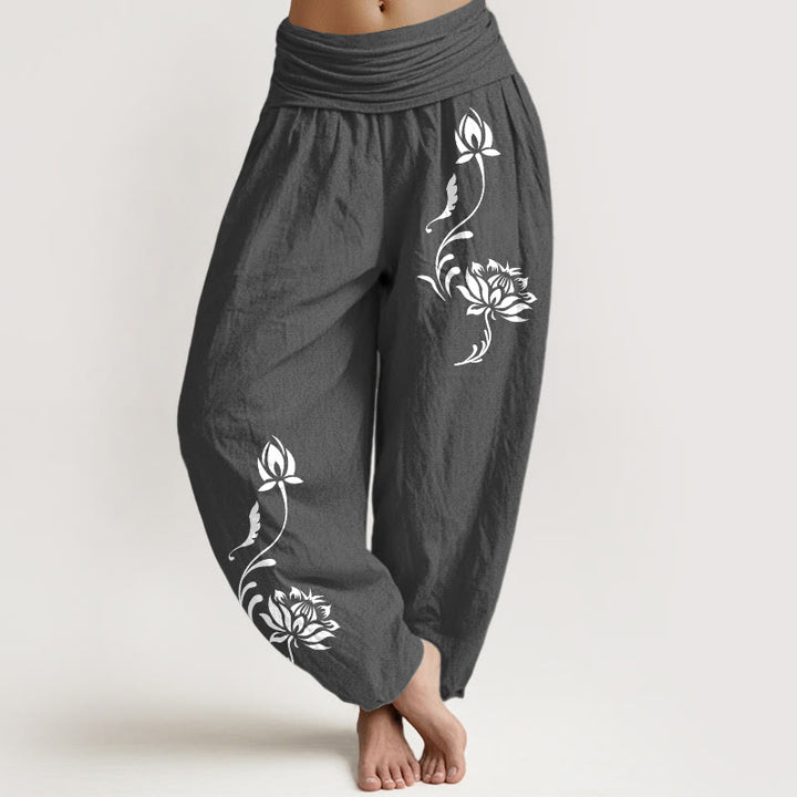 Buddha Stones Pantalones harem de mujer con cintura elástica y estampado de pétalos de loto de algodón. - Gris oscuro - US16，UK/AU20，EU48 (3XL) - image 8