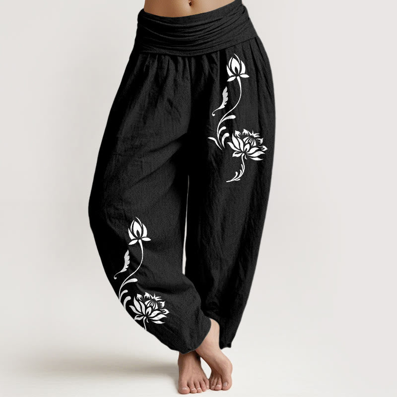 Buddha Stones Pantalones harem de mujer con cintura elástica y estampado de pétalos de loto de algodón. - Negro - US16，UK/AU20，EU48 (3XL) - image 5