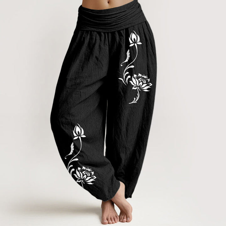 Buddha Stones Pantalones harem de mujer con cintura elástica y estampado de pétalos de loto de algodón. - Negro - US16，UK/AU20，EU48 (3XL) - image 5