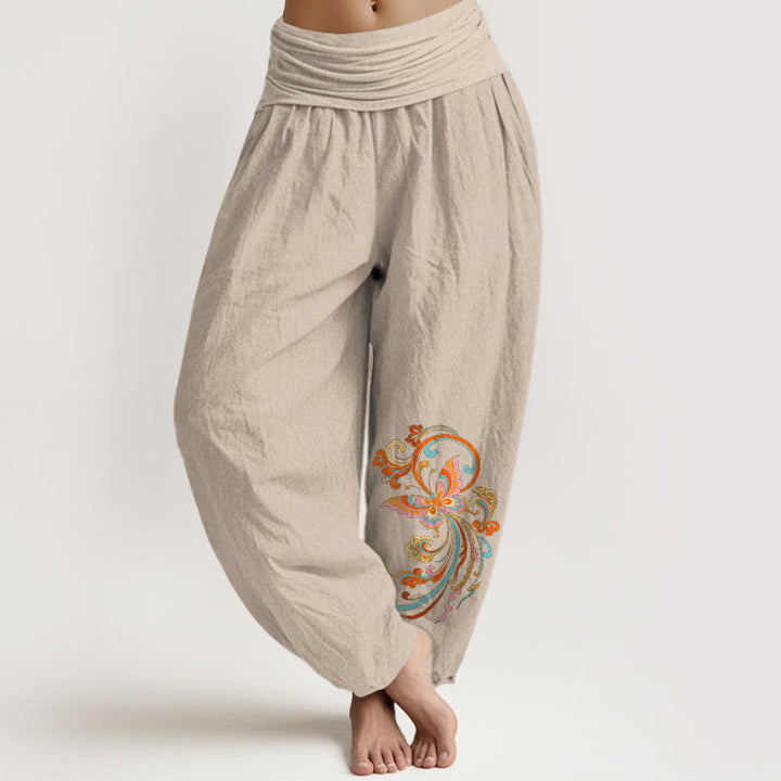 Buddha Stones Pantalones harem de mujer con cintura elástica y estampado de mariposas y nubes auspiciosas, sin algodón. - Broncearse - US16，UK/AU20，EU48 (3XL) - image 11