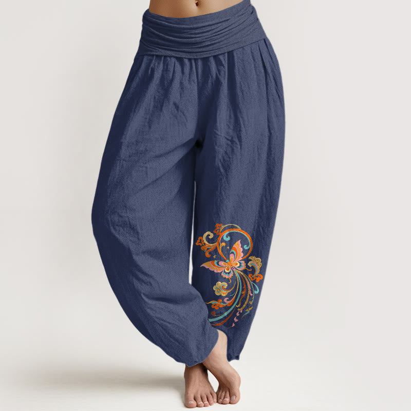 Buddha Stones Pantalones harem de mujer con cintura elástica y estampado de mariposas y nubes auspiciosas, sin algodón. - Azul pizarra oscuro - US16，UK/AU20，EU48 (3XL) - image 5