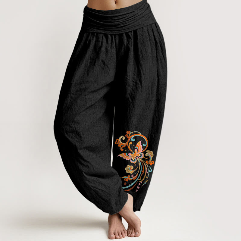 Buddha Stones Pantalones harem de mujer con cintura elástica y estampado de mariposas y nubes auspiciosas, sin algodón. - Negro - US16，UK/AU20，EU48 (3XL) - image 0