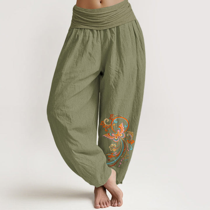 Buddha Stones Pantalones harem de mujer con cintura elástica y estampado de mariposas y nubes auspiciosas, sin algodón. - Verde oliva - US16，UK/AU20，EU48 (3XL) - image 14