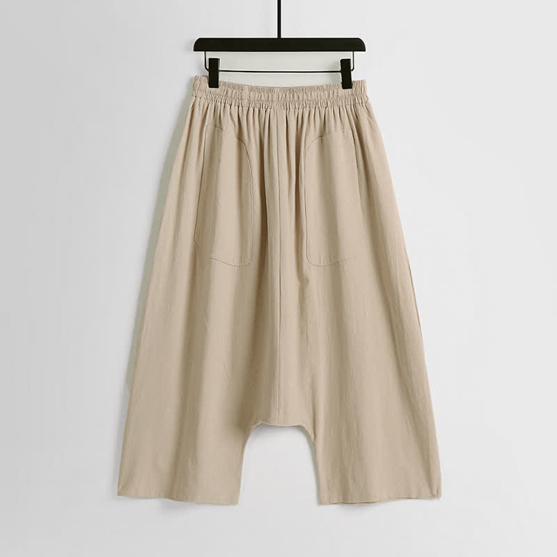 Buddha Stones Pantalones harem de algodón y lino para hombre, diseño liso de tiro bajo, largo 7-8. - image 1