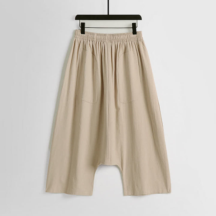 Buddha Stones Pantalones harem de algodón y lino para hombre, diseño liso de tiro bajo, largo 7-8. - image 1