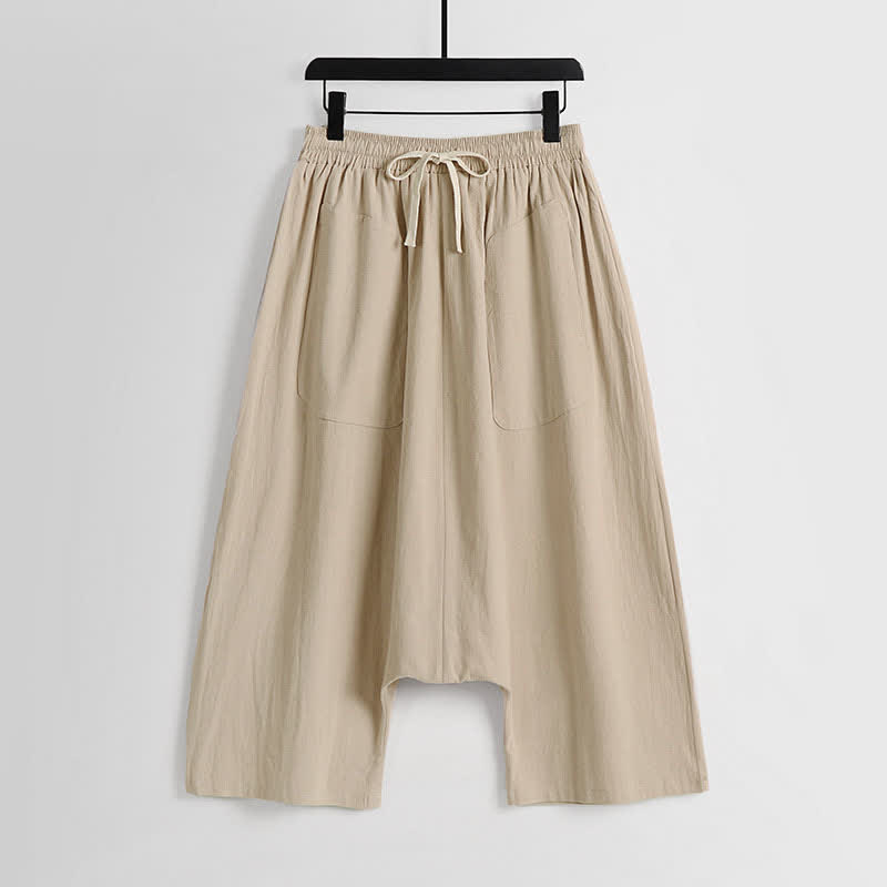 Buddha Stones Pantalones harem de algodón y lino para hombre, diseño liso de tiro bajo, largo 7-8. - vara de oro pálida - US/UK/AU54, EU64 (9XL) - image 0