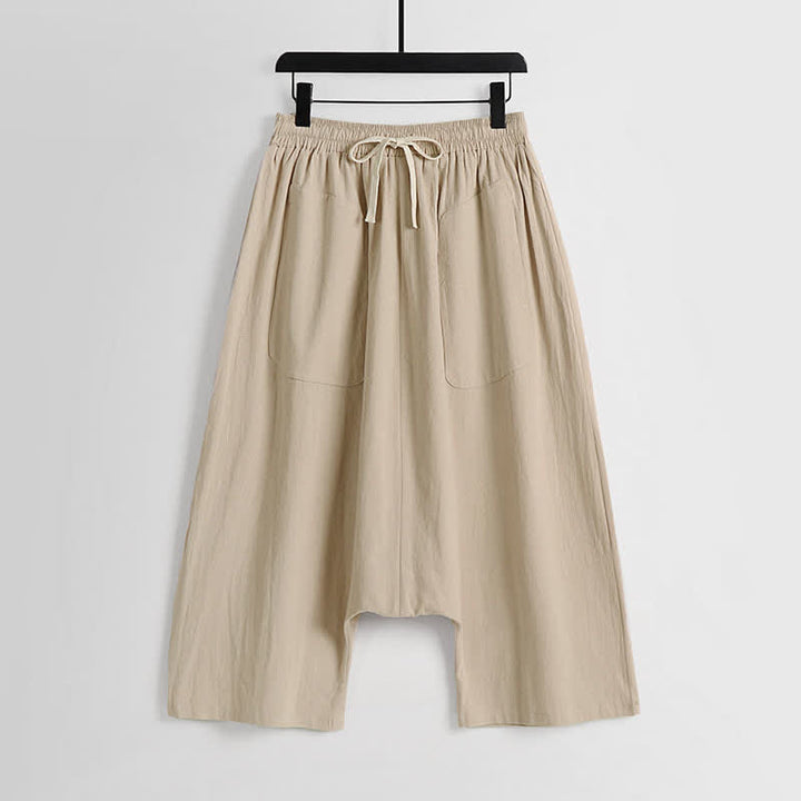 Buddha Stones Pantalones harem de algodón y lino para hombre, diseño liso de tiro bajo, largo 7-8. - vara de oro pálida - US/UK/AU54, EU64 (9XL) - image 0