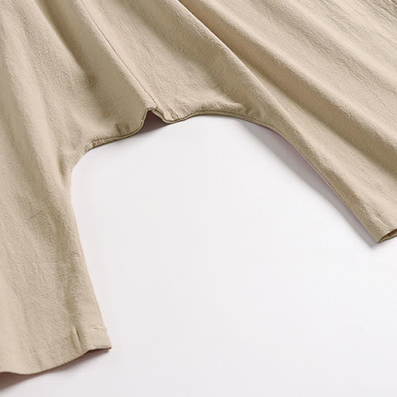 Buddha Stones Pantalones harem de algodón y lino para hombre, diseño liso de tiro bajo, largo 7-8. - image 8