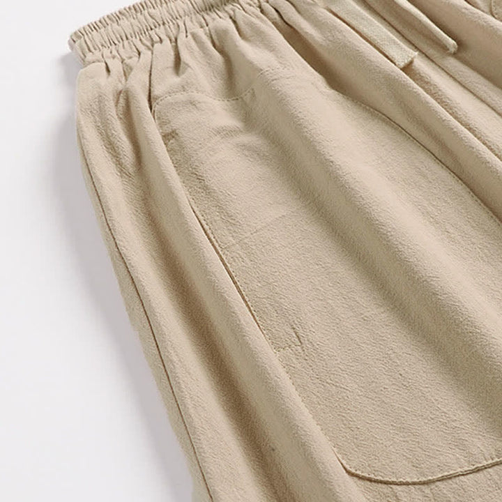 Buddha Stones Pantalones harem de algodón y lino para hombre, diseño liso de tiro bajo, largo 7-8. - image 7
