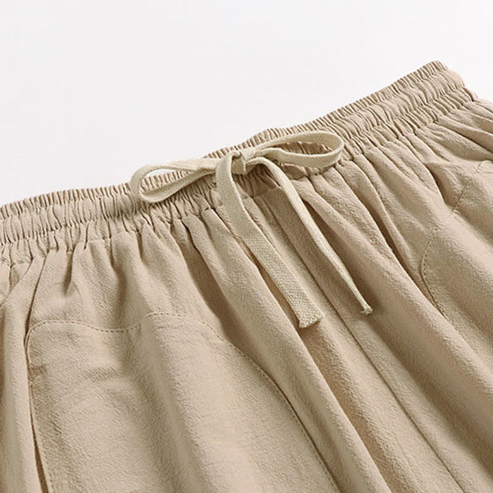 Buddha Stones Pantalones harem de algodón y lino para hombre, diseño liso de tiro bajo, largo 7-8. - image 2