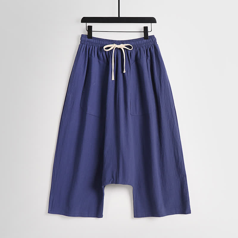 Buddha Stones Pantalones harem de algodón y lino para hombre, diseño liso de tiro bajo, largo 7-8. - Índigo - US/UK/AU54, EU64 (9XL) - image 12