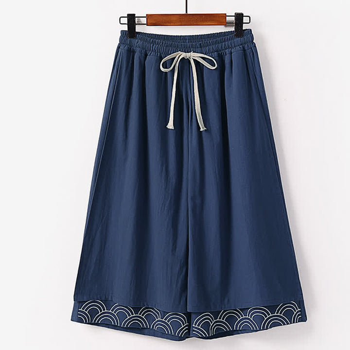 Buddha Stones Pantalones capri de algodón y lino para hombre, de pierna ancha, con bolsillos, bordados y largos, ideales para el verano. - Marina de guerra - US/UK/AU50, EU60 (7XL) - image 0
