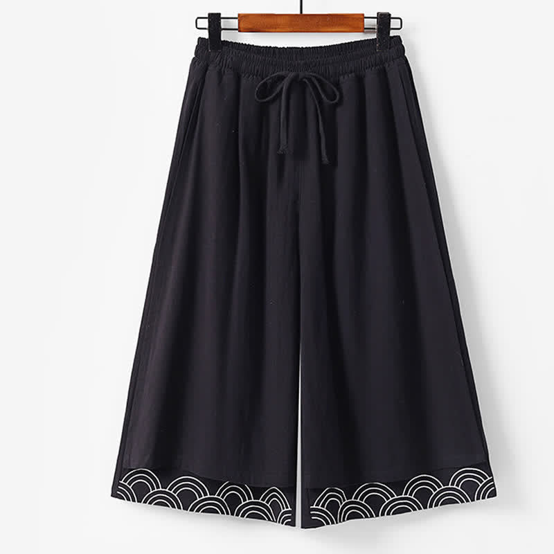 Buddha Stones Pantalones capri de algodón y lino para hombre, de pierna ancha, con bolsillos, bordados y largos, ideales para el verano. - Negro - US/UK/AU50, EU60 (7XL) - image 3